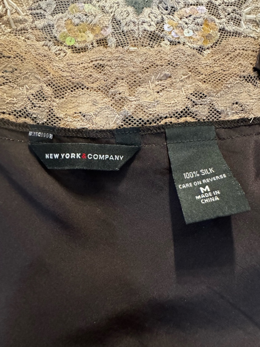 New York & Company brown silk camisole, beige lace trim, adjustable straps, M. - Picture 12 of 15